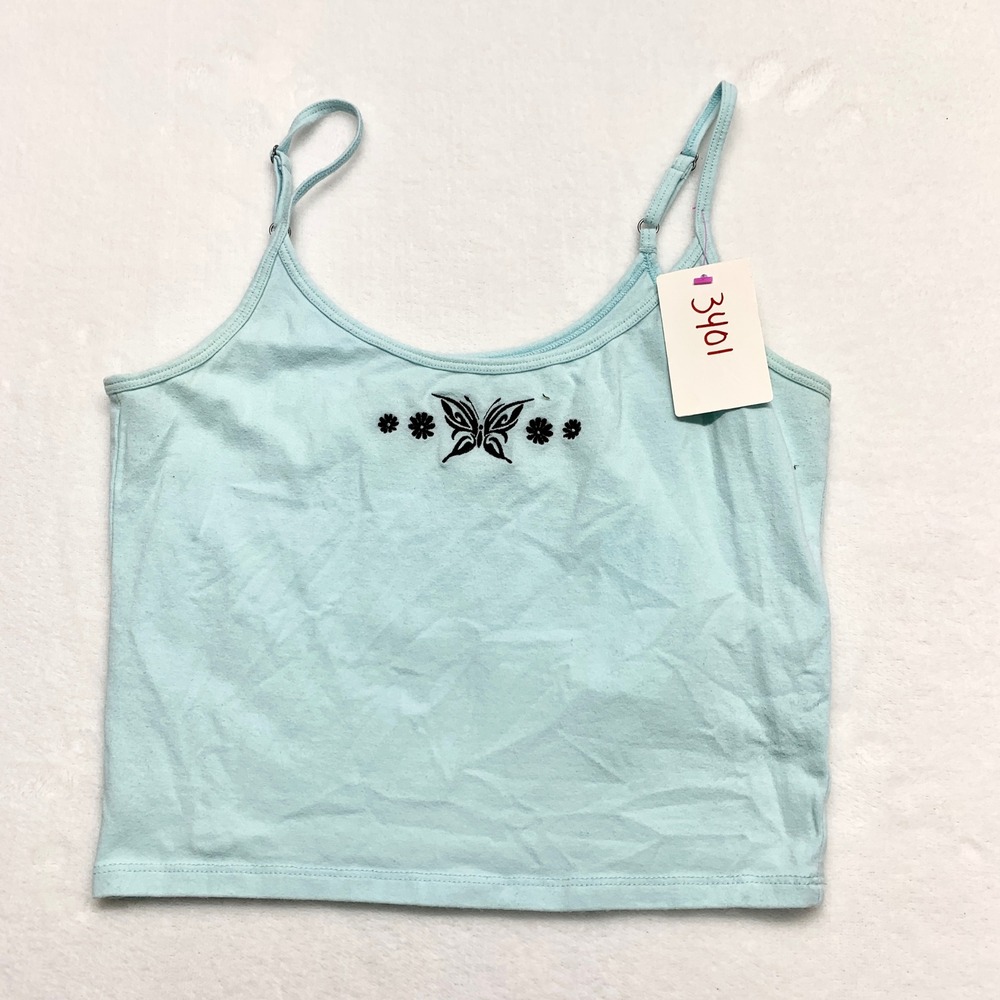 Hollister Butterfly Embroidered Cami Tank Womens Size M Light Blue Y2K Cotton